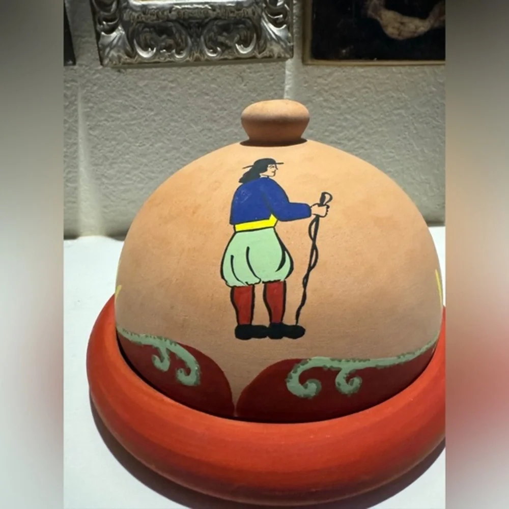 Hand-Painted Terracotta Cheese Dome with Whimsical Folk Art –‎ Rustic European